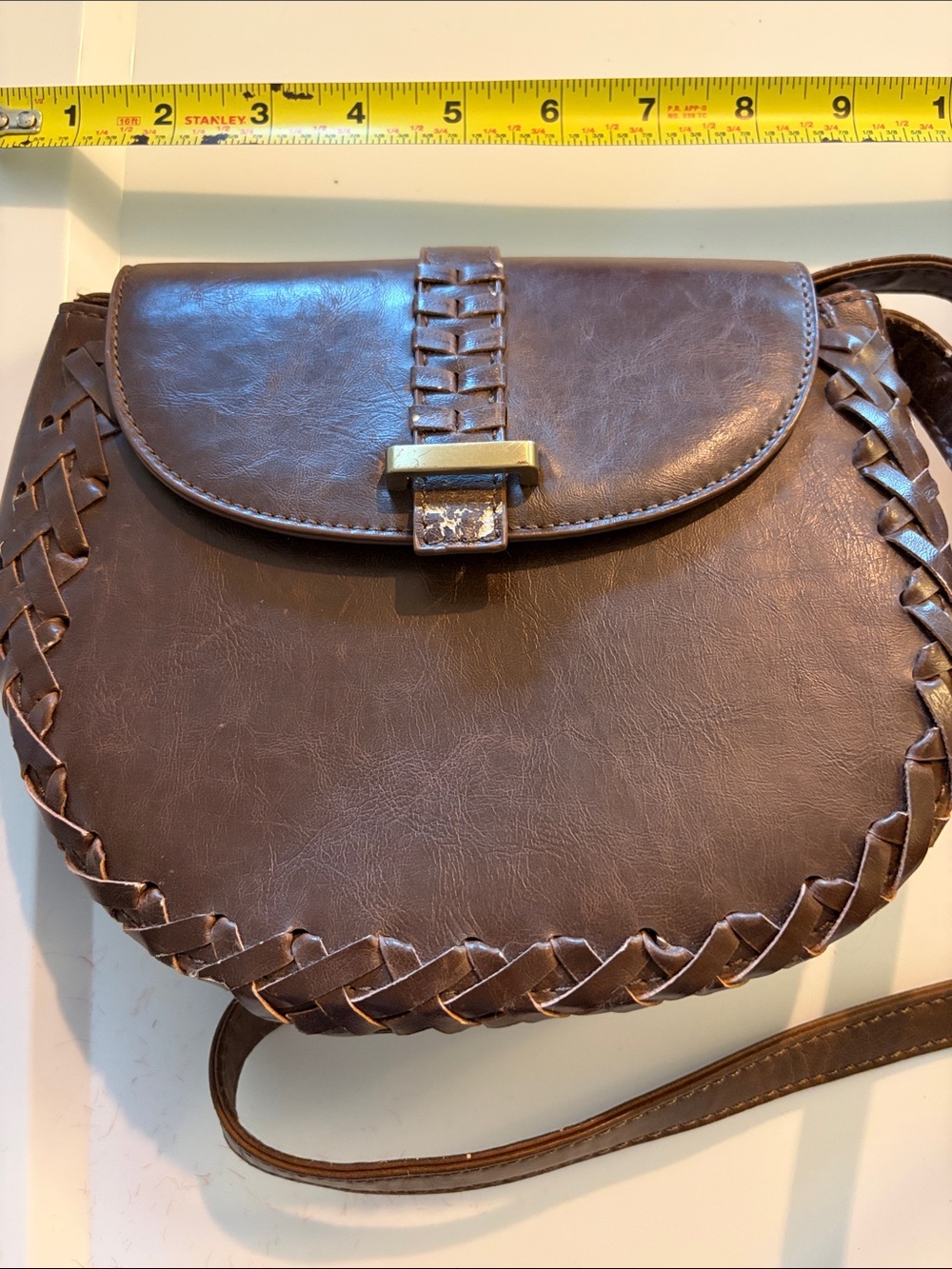 Nila Anthony Brown Woven-Trim Leather Crossbody Bag